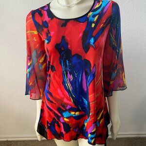 Peter Nygard Long Sleeve Tunic Top  Blue Red semi sheer Stretchy Size S